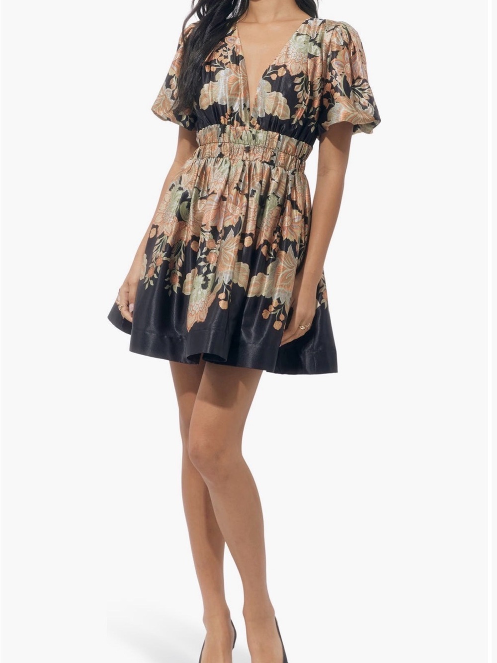Adelyn Rae Black Mini Dress with Peach and Sage Floral Print